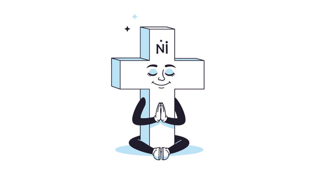 Peaceful cartoon cross character sitting in a meditation pose to represent the combination of faith and mindfulness in spirituality.