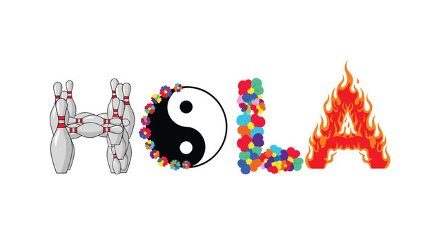 Creative typography of the word hola using unique shapes like bowling pins and yin yang symbols for a fun multi cultural greeting.