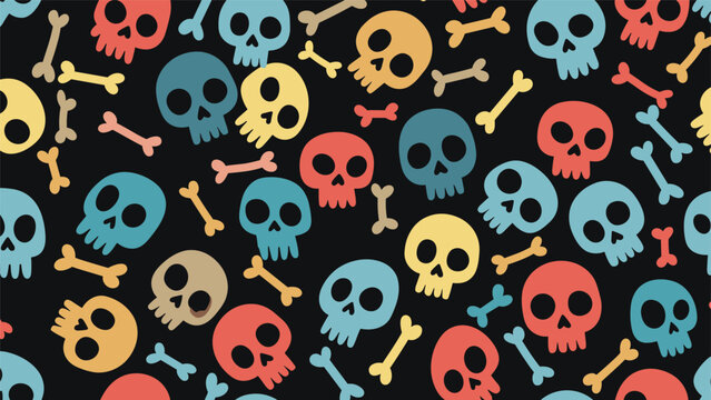 Vibrant seamless pattern with colorful skulls and bones on a black background for edgy fashion designs and halloween celebrations.