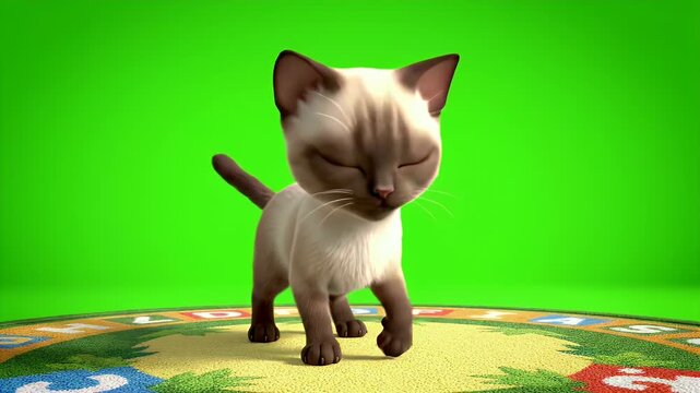 Adorable Young Siamese Kitten Standing on a Colorful Round Rug Isolated Against a Vibrant Green Screen Background with Subtle