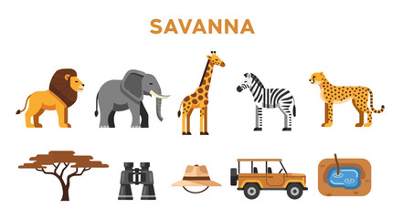 A collection of flat illustration icons representing African savanna wildlife and safari gear © Fauzan Adzima