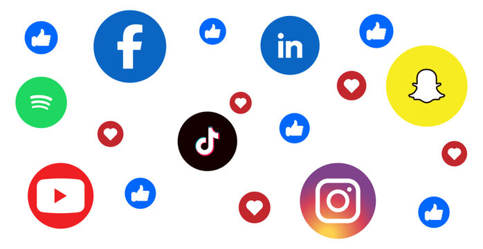 social media logo icons background with floating like notification facebook instagram youtube tiktok snapchat linkedin vector icon editorial only.