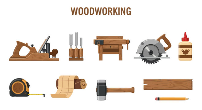 Woodworking tools and materials displayed in two rows against a white background