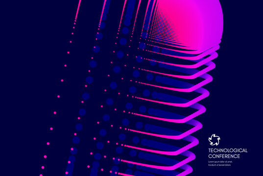 Technologycal conference event. Multiple dots create a block shape with a color transition and glow. Curved lines pulsate with electrical energy and movement. Suitable for digital projects. Microphone