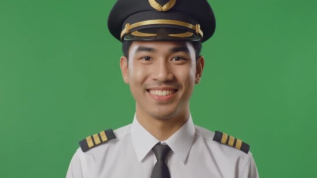 Smiling Asian pilot in uniform.