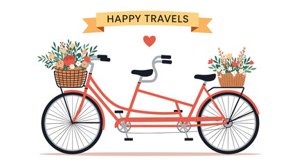 Fototapeta premium Romantic tandem bicycle illustration with front and rear baskets filled with colorful flowers and a heart for travel themes.