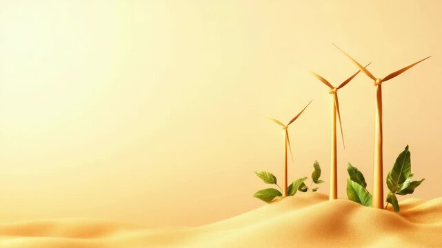 Two golden wind turbine generators stand on sand dunes, desert scenery for renewable energy sources with clean electricity production for sustainable development and environmental protection concept