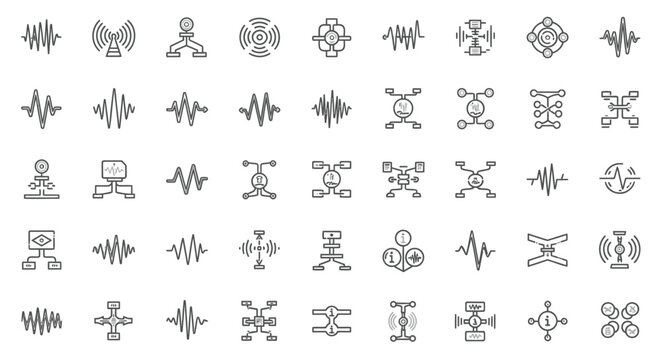 Sound wave, audio signal, music icons, 40 symbols, vector set