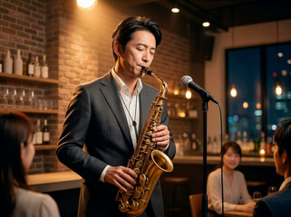 Fototapeta premium バーでサックスを演奏する男性ミュージシャン