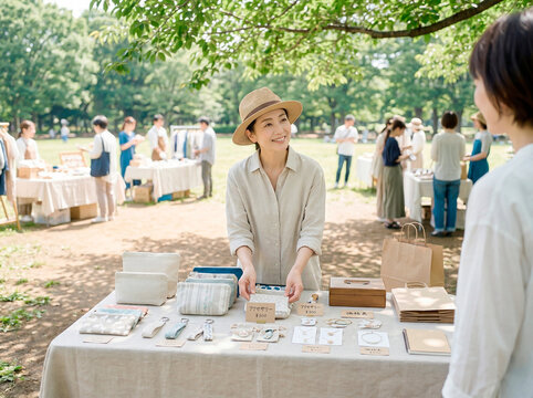 公園のマルシェでハンドメイド雑貨を販売する.