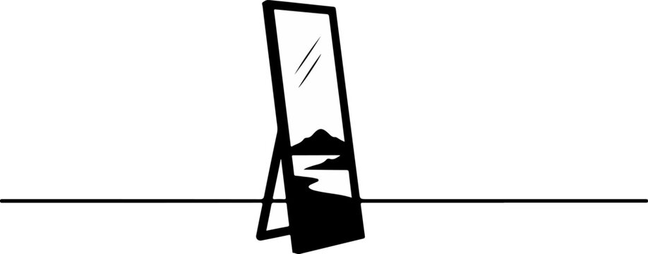 Modern Standing Mirror Silhouette Reflecting Serene Mountain Landscape Metaphor for Self Reflection and Interior Peace Vector Illustration