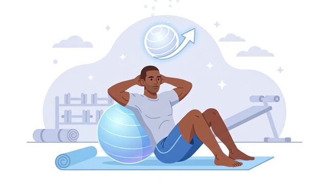 Man Doing Pilates Exercise with Fitness Ball on Mat at Gym, Core Workout Training Animation, Healthy Lifestyle, Modern Fitness Flat Illustration Video