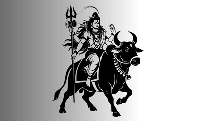 Fototapeta premium Lord Shiva Riding Nandi Sacred Bull with Trishul — Mahadev Hindu God Bold Black Silhouette Vector Illustration for Print, Wall Art, Sticker, and Spiritual Cultural Design