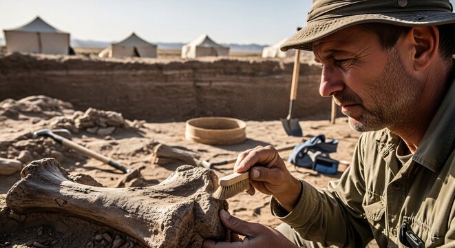 male paleontologist in a safari hat, carefully brushing dust off a large dinosaur bone fossil with a fine brush.