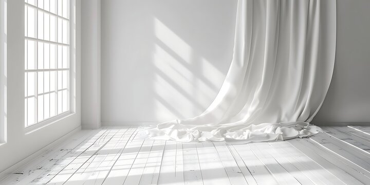 white room with a large window and curtain on the wall
