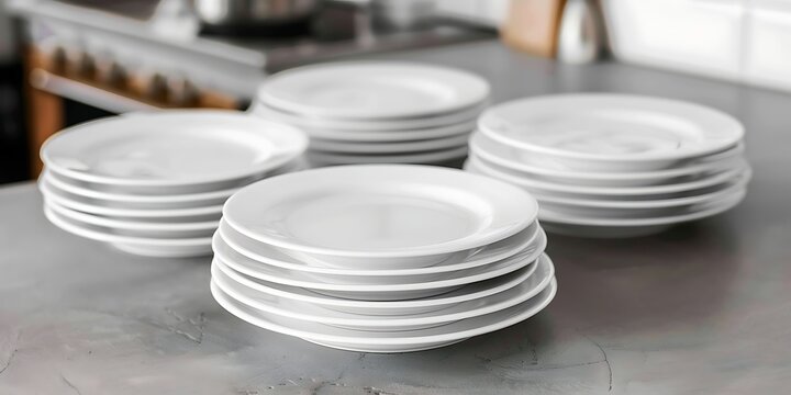 Multiple stacks of clean white plates on a metallic surface