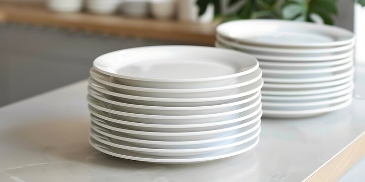 Stack of white plates on a white marble countertop