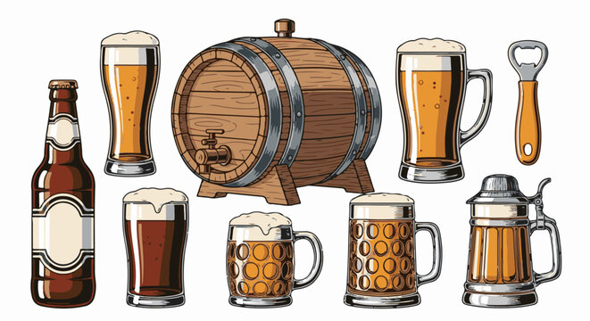 A collection of beer bottles, glasses, a barrel, and a bottle opener