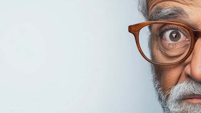 Close up of a senior man's wide, astonished eye behind thick frame glasses. Expressing surprise, ideal for engaging digital meme campaigns.