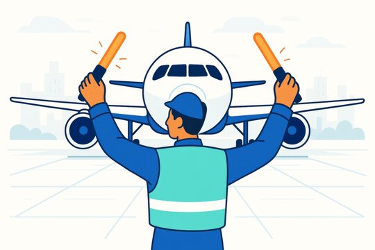 Airport ground crew worker guiding airplane with light batons on runway with city in background, aviation safety concept in flat cartoon style. Ai generative