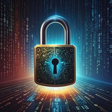 Digital padlock in front of binary code rain