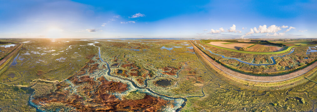 Aerial view of waterways in salt marshlands of Verdronken Land van Saeftinghe, with polder Hertogin Hedwigepolder in 2016, currently depoldered, in 360 degrees panorama, Zeeland, Netherlands.