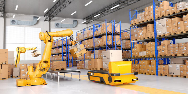 Warehouse Scene with High Shelves and Palletising Robots. Logistics Concept. 3D illustration