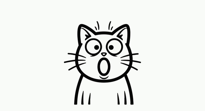 A black and white illustration of a cartoon cat with wide, surprised eyes and an open mouth