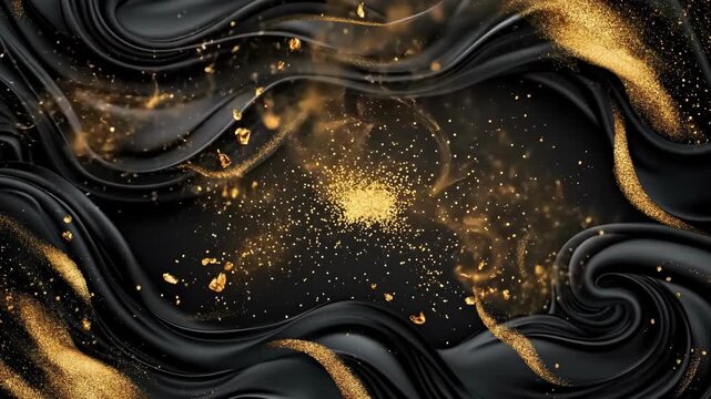 Dark flowing silk cloth with gold glitter and dust. Elegant draped satin with shiny particles. Luxury backdrop for Halloween party card. All Hallows Eve, Samhain