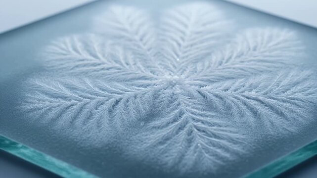 Macro ice crystal formation on glass surface, freezing frost patterns in winter blue tones, cold weather snowflake texture for seasonal backgrounds