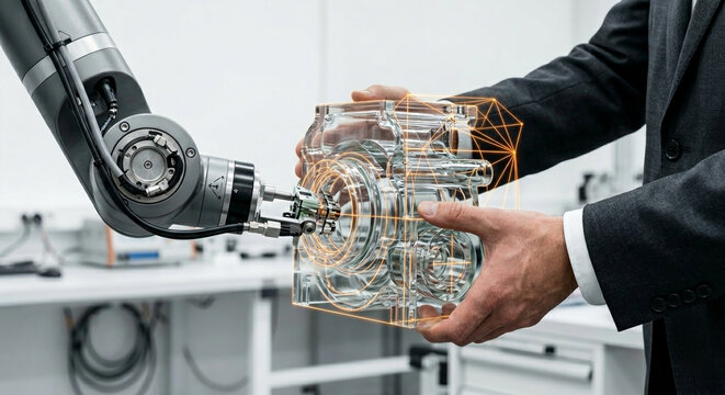 Industrial robotic arm and engineer collaborating on mechanical part inspection using advanced 3d hologram visualization.