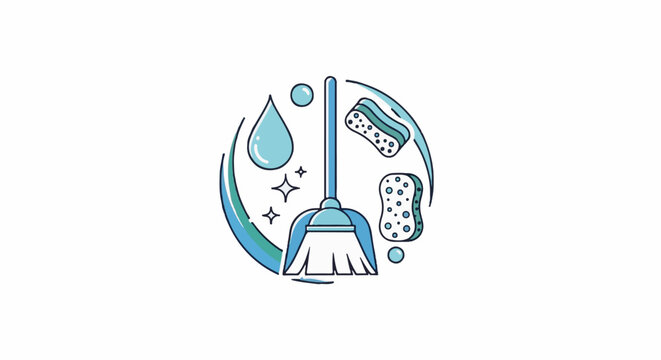 A circular design shows a broom, water droplet, sparkles, and sponges for cleaning