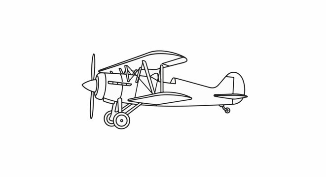 A classic biplane is outlined in black on a white background