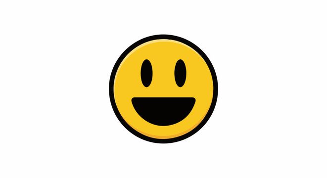 A bright yellow circular face with a wide black smile and two black oval eyes against a white background