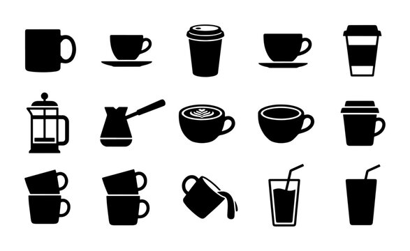 Coffee cup icons set, black silhouette cafe drink symbols, 15 vector beverage elements including mugs and espresso cups for menu design