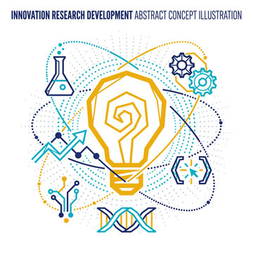 An abstract concept illustration representing innovation and research development with a lightbulb and various scientific symbols