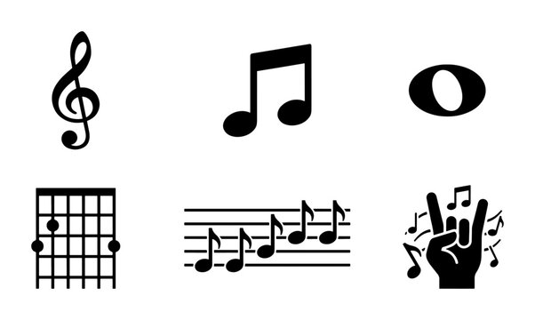 Musical notes and symbols icon set, black music notation vector elements, guitar chord chart and treble clef signs for song composition