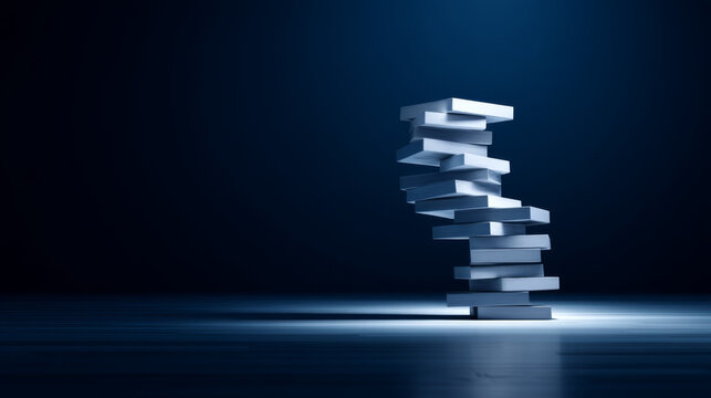Stacked books leaning block structure minimalistic style dramatic lighting blue background creative arrangement modern concept education balance abstract art