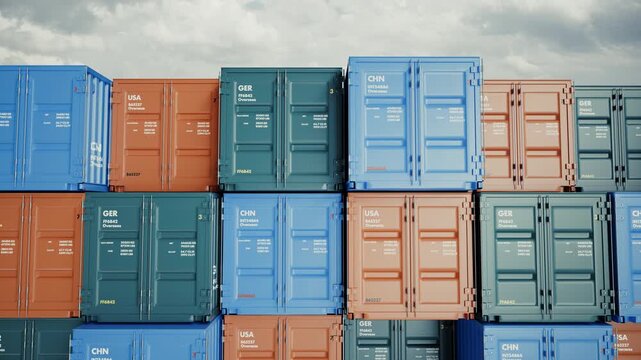 Stacked Shipping Containers Pattern Under Cloudy Sky Global Logistics and Trade Background