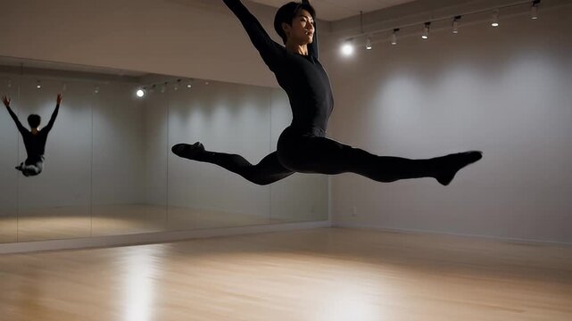Graceful male ballet dancer performing a grand jete leap, athletic man in black leotard jumping in dance studio, professional performer practicing