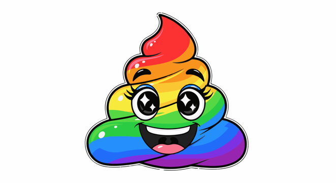 A cartoon of a smiling, rainbow-colored poop emoji with wide eyes and an open mouth