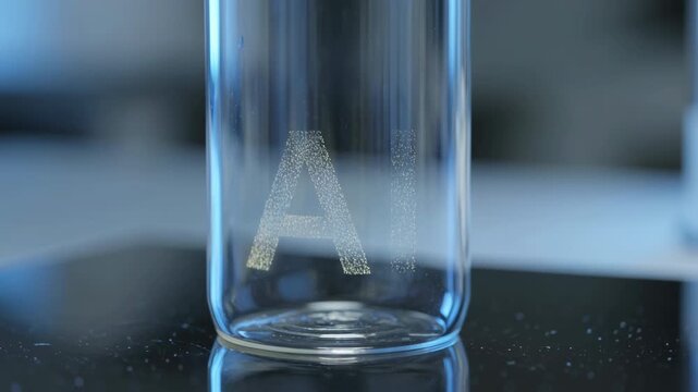 Glass jar with AI letters formed by floating particles inside laboratory