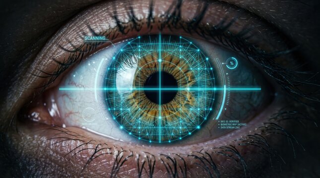Iris scan closeup with crosshair target and scanning overlay. Digital identity verification concept.