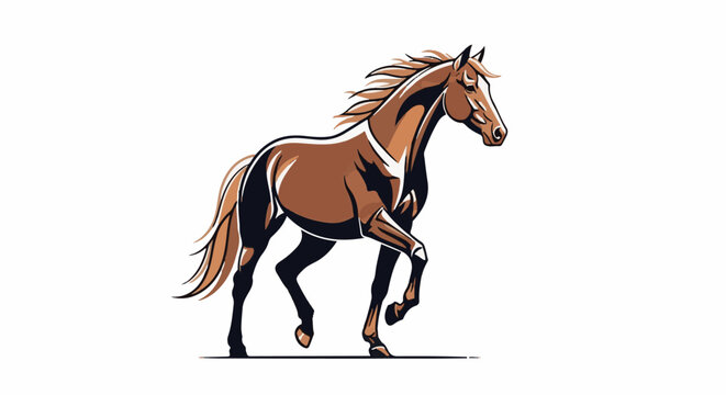 A brown horse with a flowing mane and tail gallops across a white background