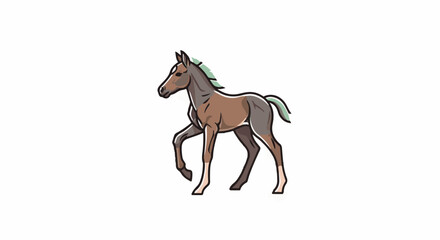 Fototapeta premium A brown, stylized foal with a light green mane and tail, stands on a white background
