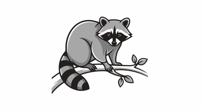 A cartoon raccoon with striped tail sits on a bare branch with small leaves