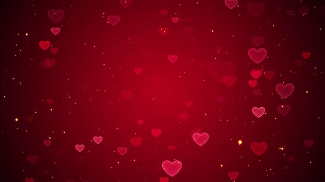 valentines day neon hearts and golden particles on red animation, shiny glowing love and passion 14 February and anniversary social media motion background