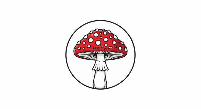 A cartoon red and white mushroom with a stem, enclosed in a black circle
