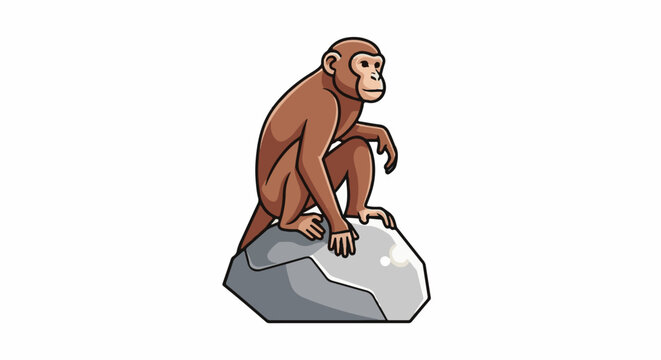 A brown primate with light-colored face and hands crouches on a smooth, gray rock, looking to the side
