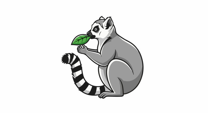 A cartoon ring-tailed lemur with black and white striped tail holds a green leaf